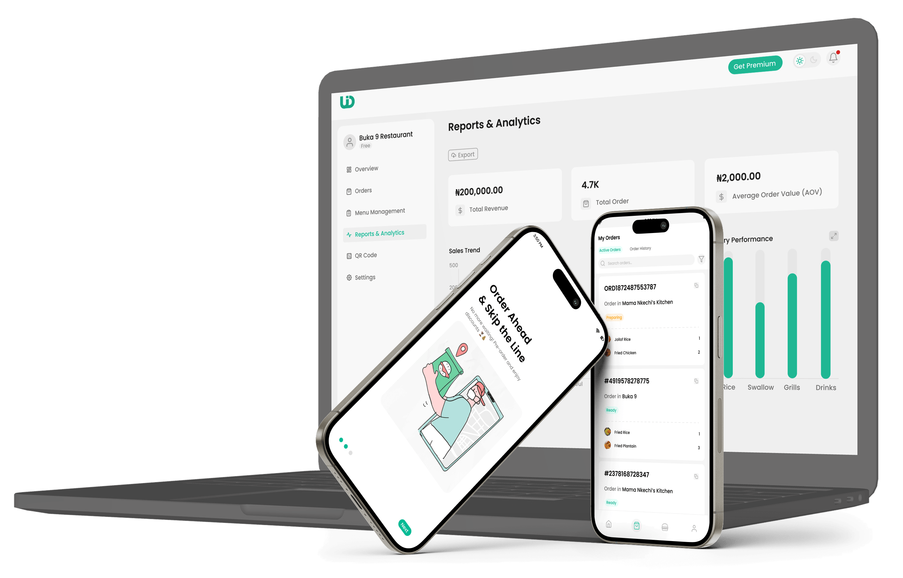 Hero image illustration of UloDine RMS and mobile app.